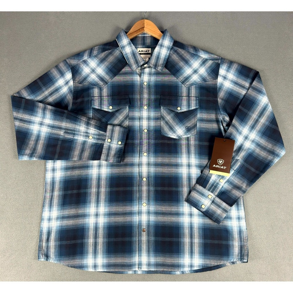 Ariat Pearl Snap Shirt 2XL Blue White Retro Slim Fit Habel Western Cowboy New - Picture 2 of 11